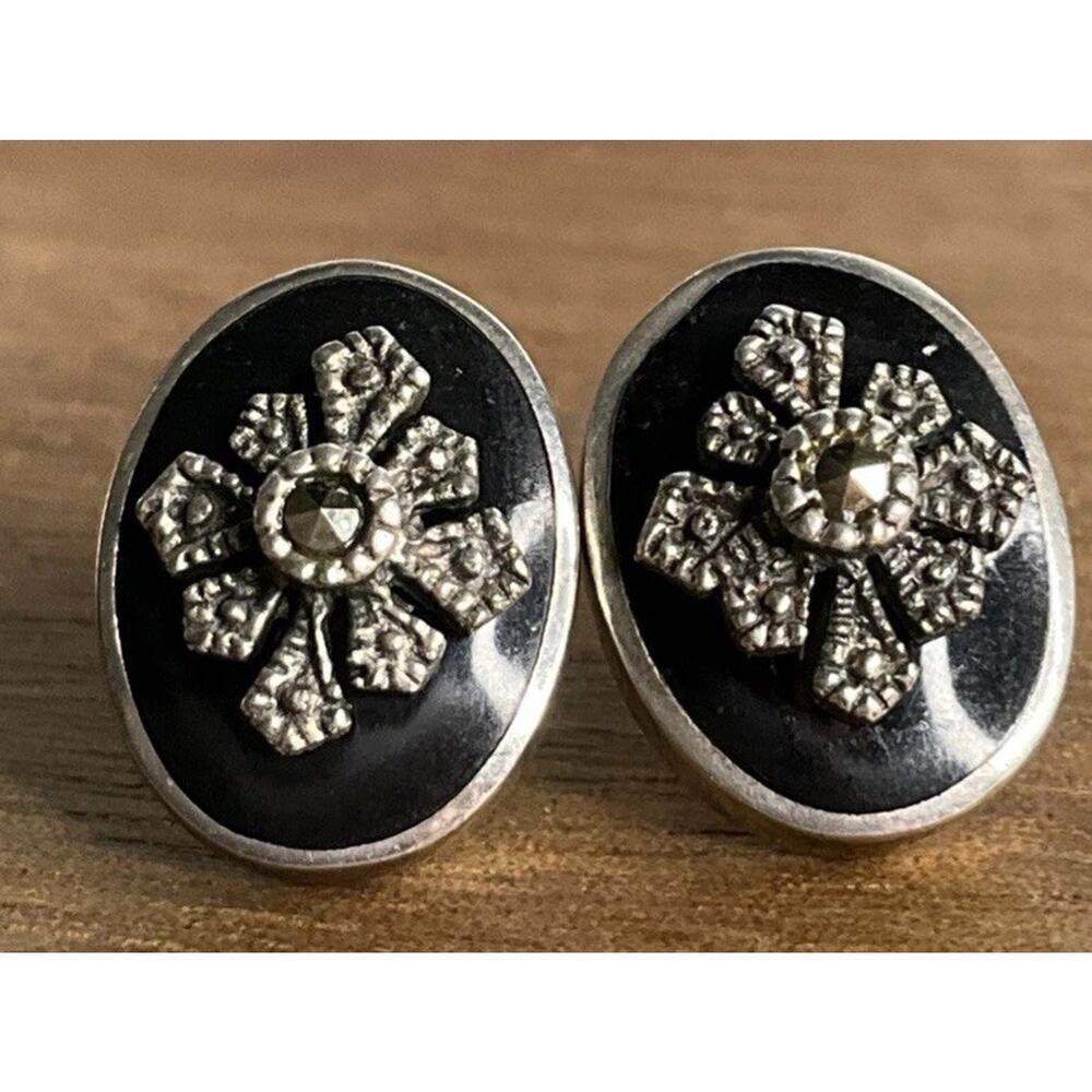 Vintage Black Onyx Stud Sterling Silver Post Marcasite Flower Earrings Signed ON